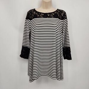 Chico's Pullover Blouse Size 1(M) Black & White Stripe Lace Accents